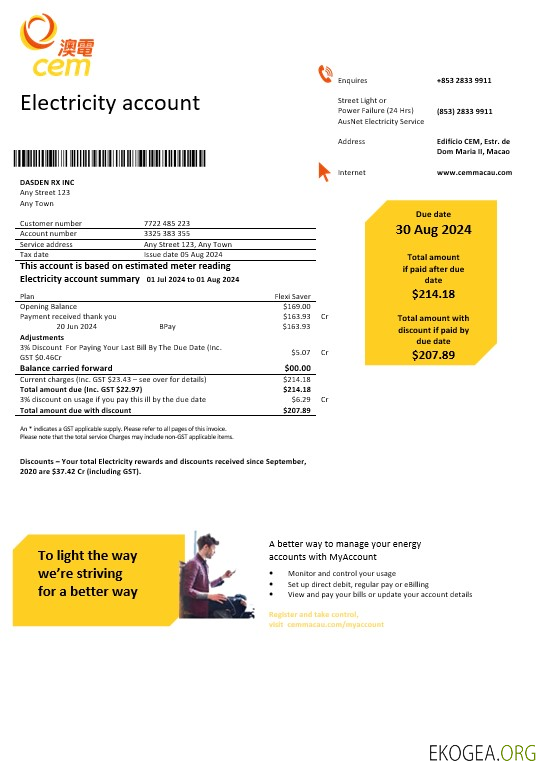 Modèle Word et PDF de facture de services publics d'électricité de Macao CEM